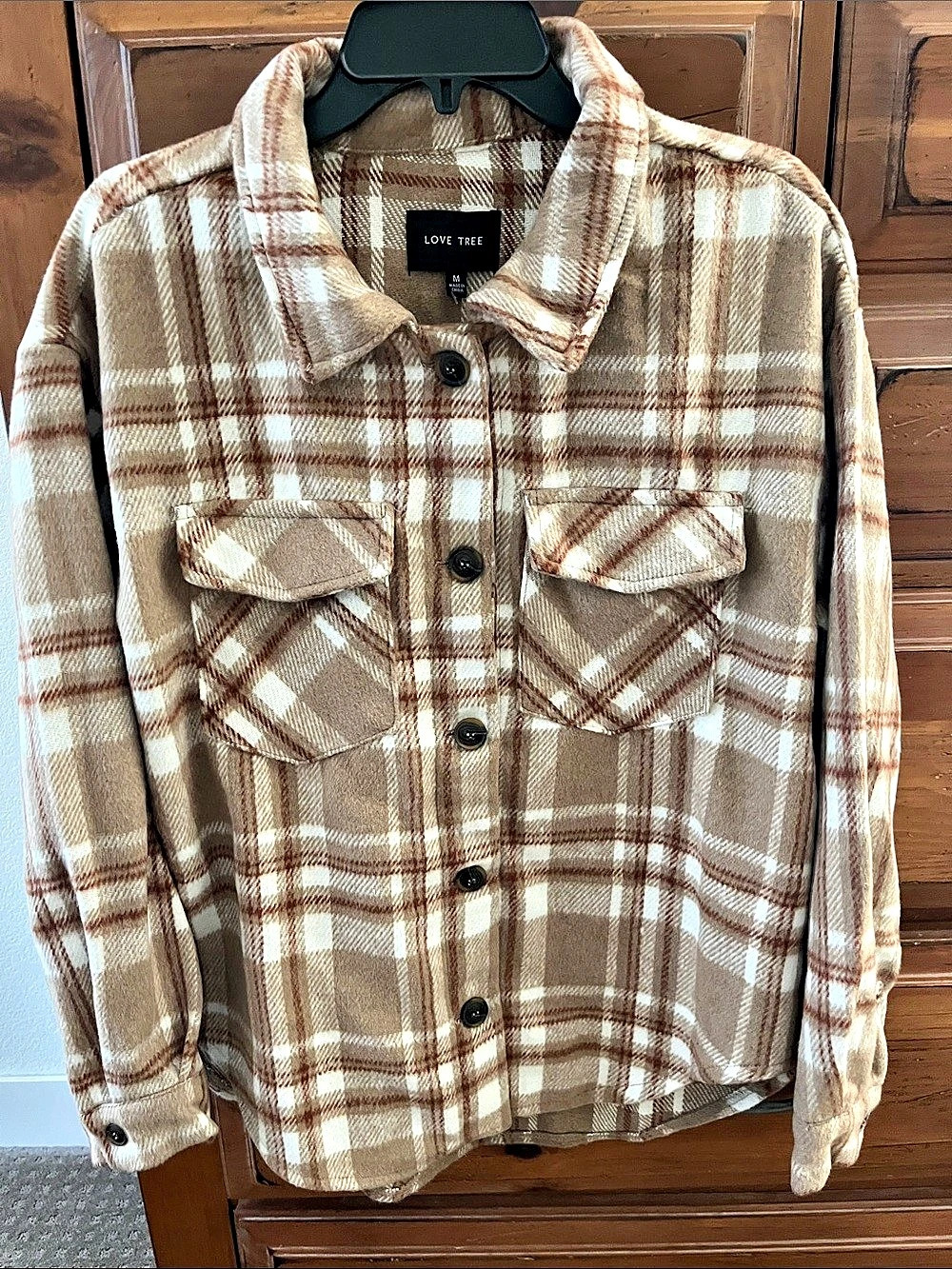 Love Tree Plaid Overshirt in Brown & White Size Medium NWOT